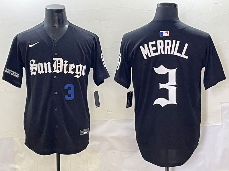 Men 2025 San Diego Padres #3 Merrill Black Five generations Joint Name Nike MLB Jersey style 3